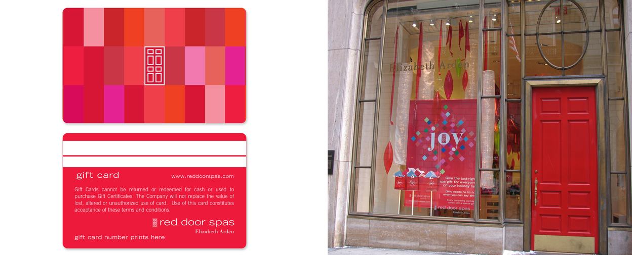 Red Door Spas gift card to left and store front to the right