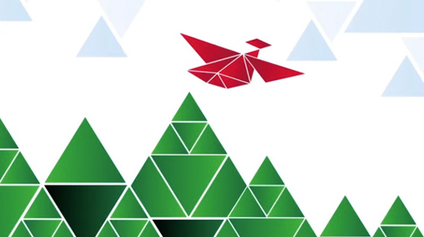 scene of a bird flying into the sky with trees below made of many triangles 