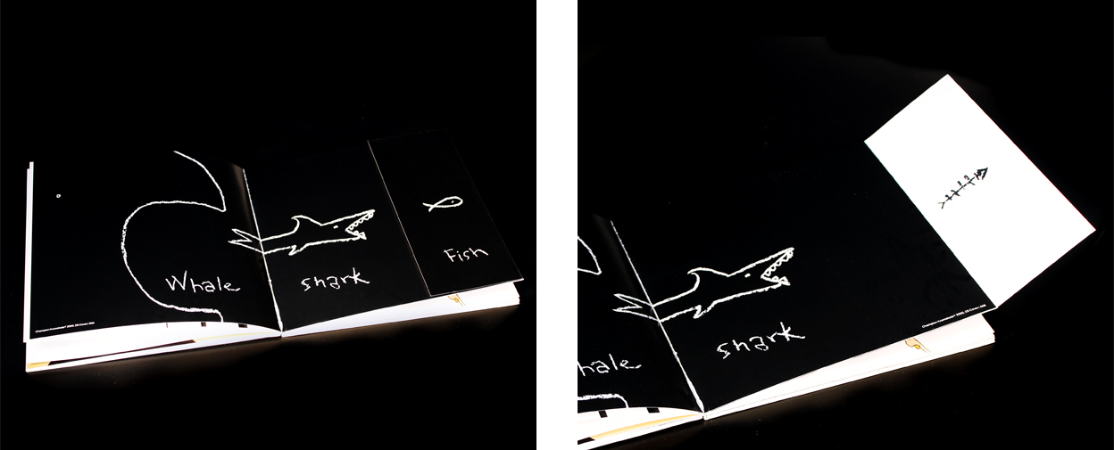 Two Interior Spreads Showing Black Page Fold-out with White Chalk Drawings of a Whale, Shark and Fish