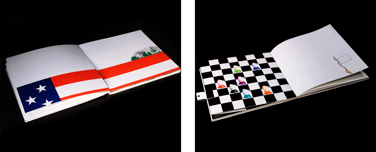 Left Spread Shows a Crop of American Flag, Right Spread is Animated to Show a Chessboard with a Pull-out Flap that Makes Pieces Move