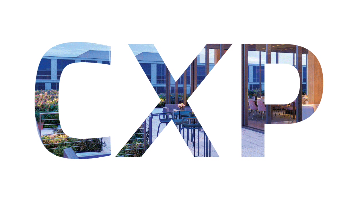 a photo within the letters CXP. a set of colorful stripes run across the diagonal of the X