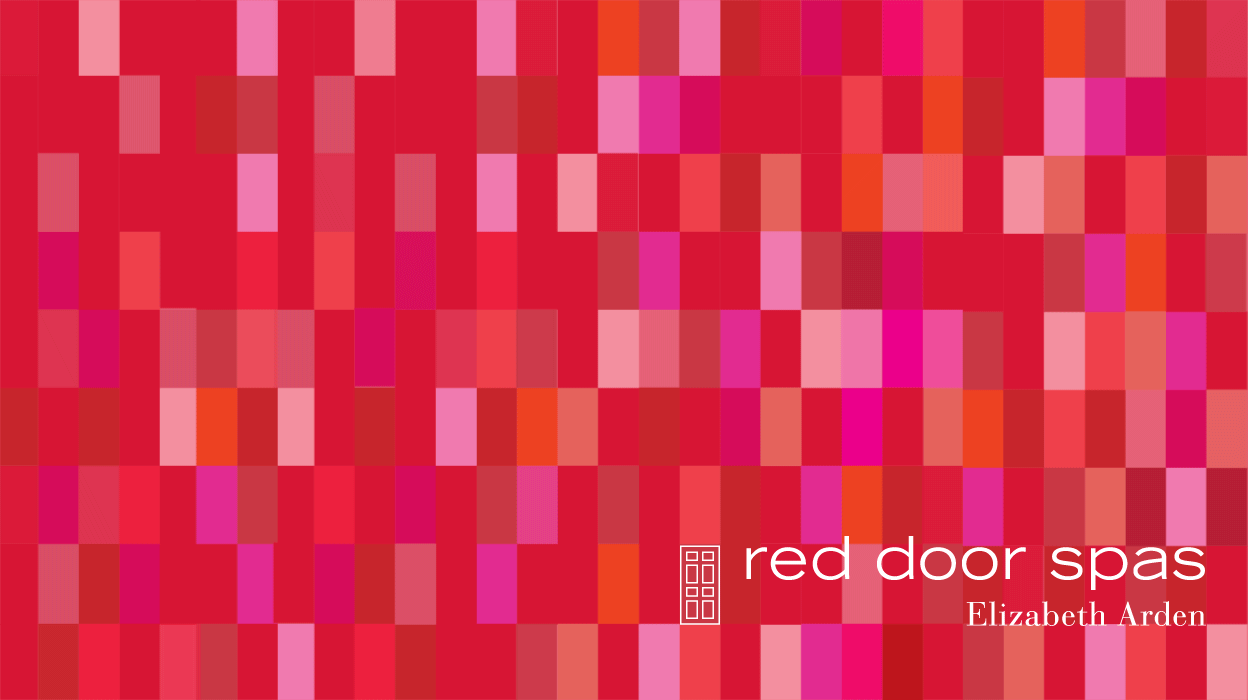 Red Door Spas logo on flickering background of red and pink rectangles