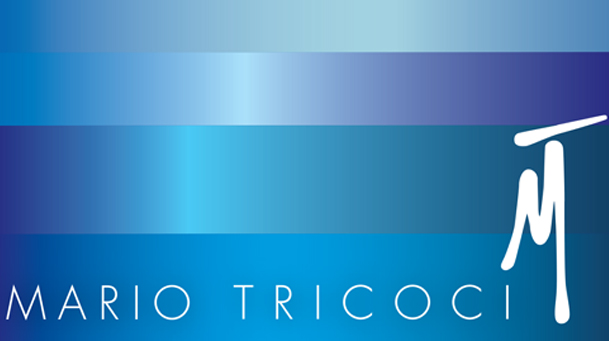 Mario Tricoci logo on shiny blue stripes