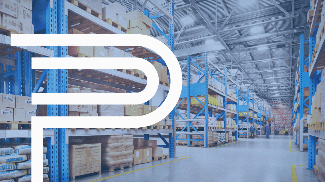 White P logo for Pure Industrial with animated orange boxes over a photo of an industrial space