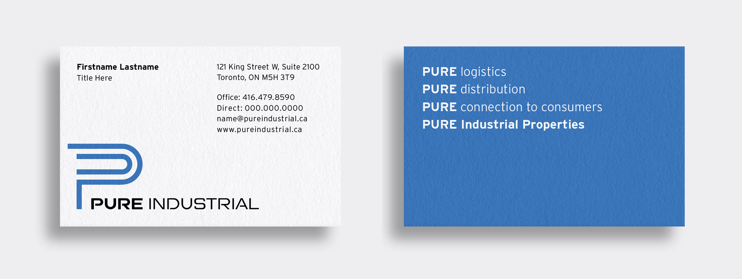 Business card layout font with logo and contact information, Back with full blue panel and white text