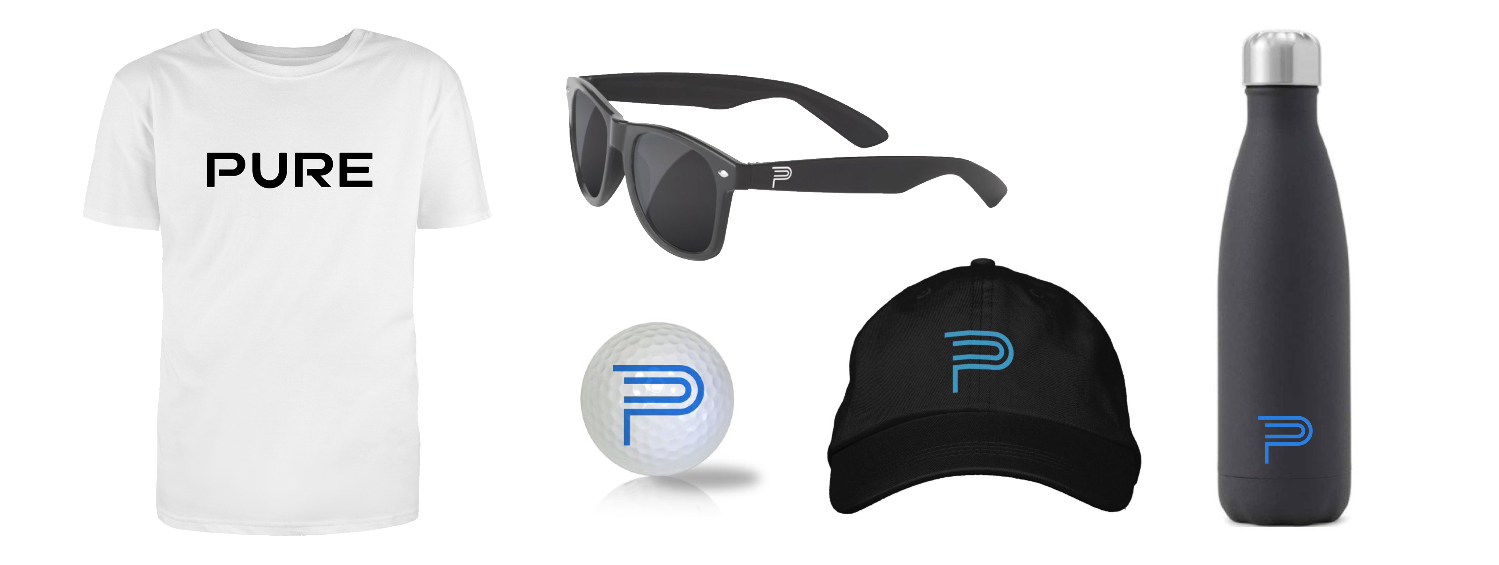 Pure Industrial Promotional Designs: TShirt, Cap, Water Bottle, Sunglasses and Golf Ball