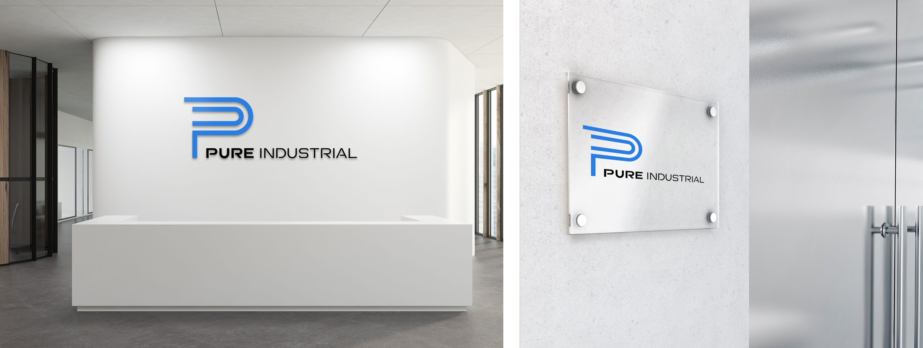 Pure Industrial building interior signage, Blue and black logo on glass