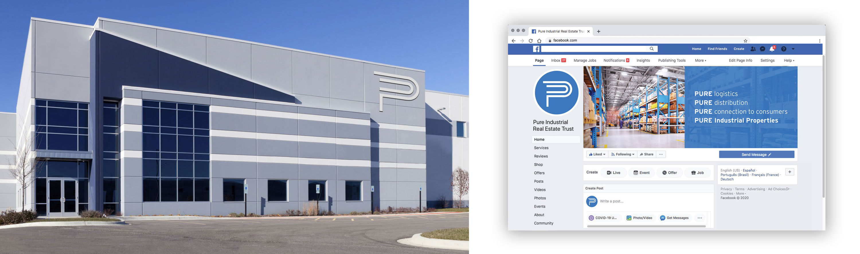P logo used in white on building exterior signage and facebook page design with strategy statement on blue panel