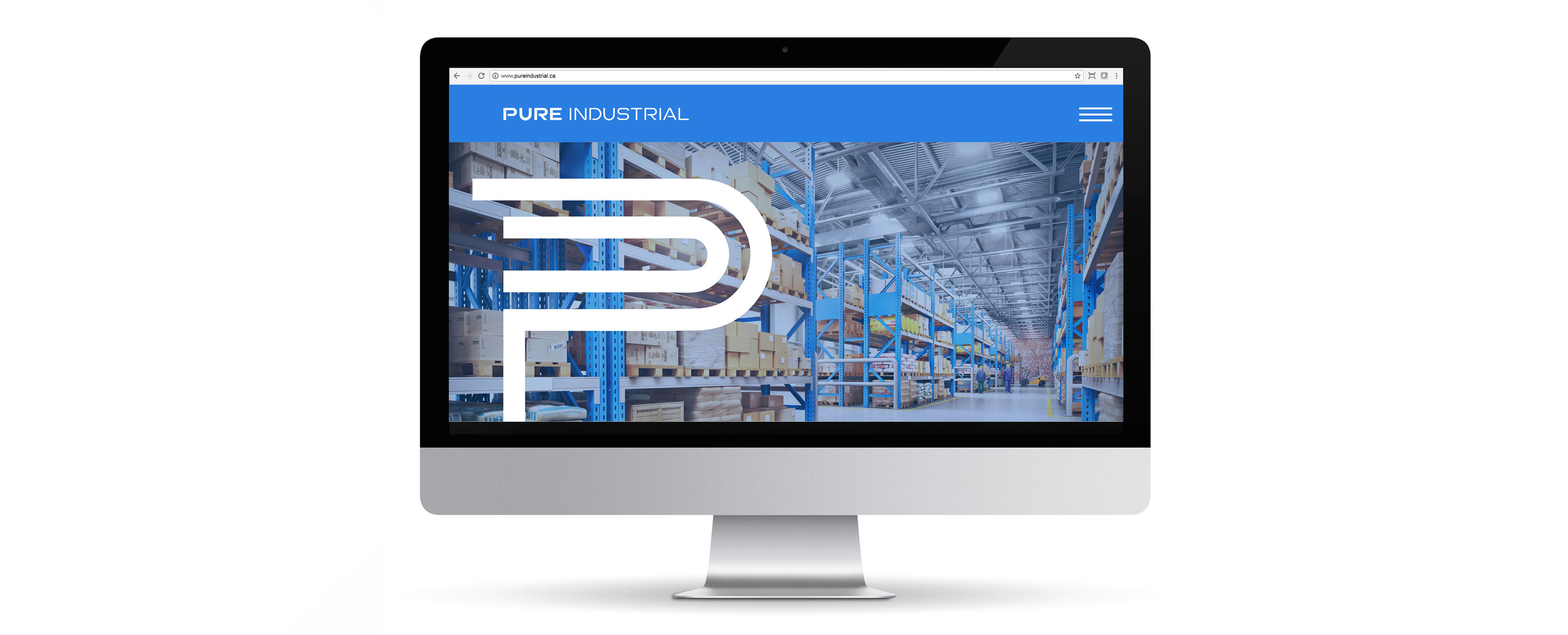 Website layout shown on computer, large white custom P over a industrial warehouse photo