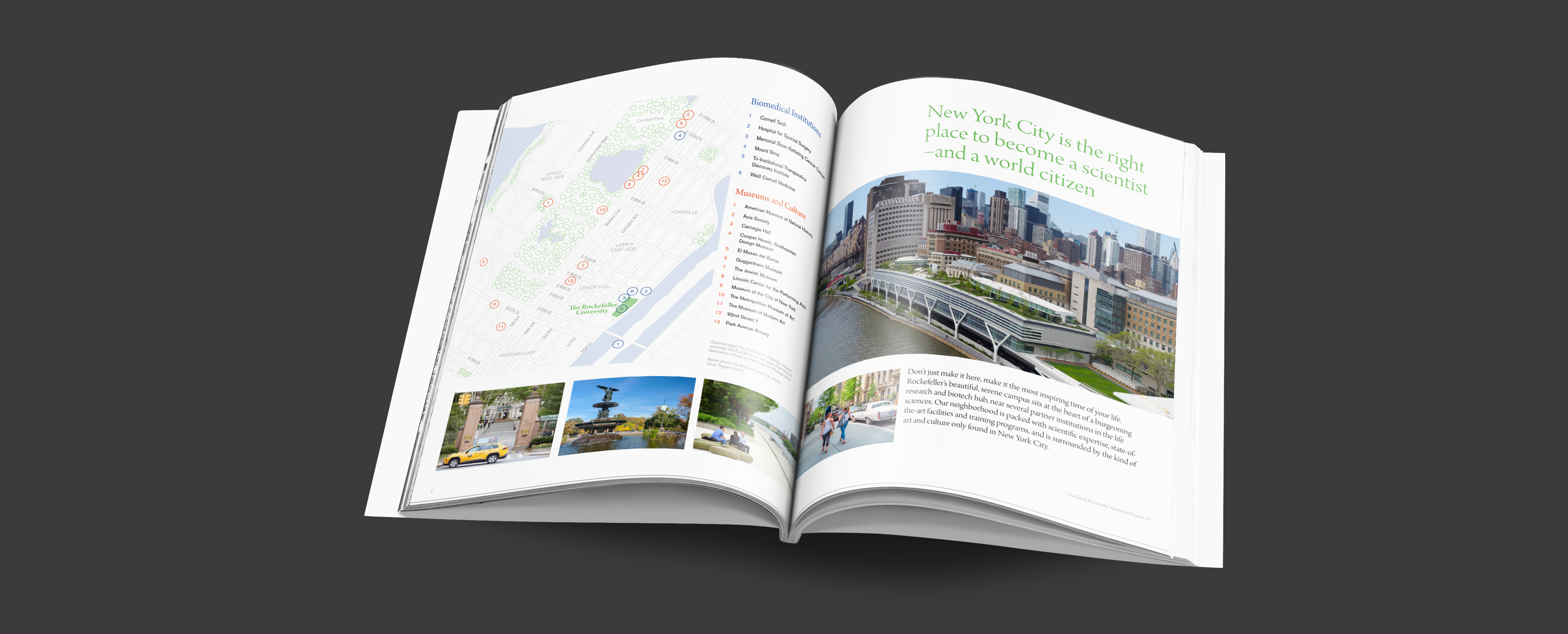 publication spread with map of The Rockefeller University campus