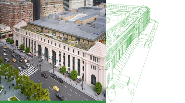 Half image of a building rendering with a green wire frame of the building draw over half