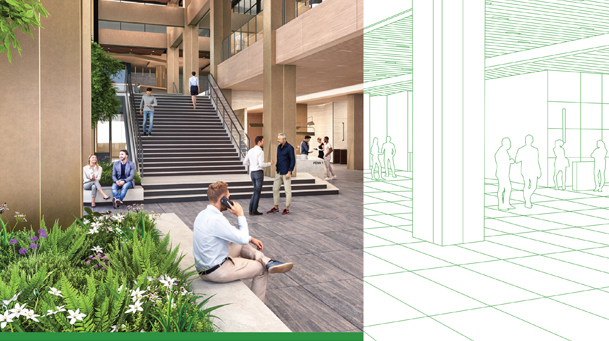 Half image of green office rendering with green line drawing of office interior