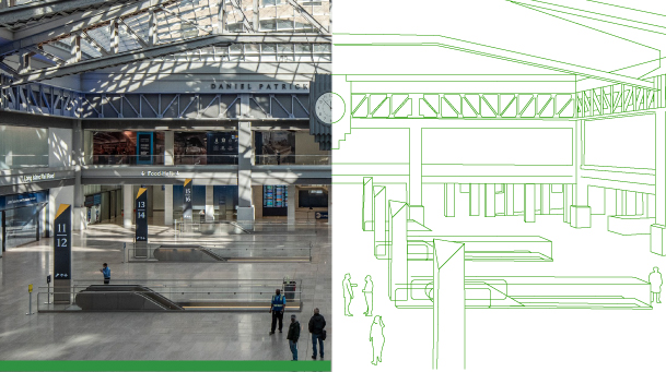 a rendering of the Moynihan Train Hall is split. The other half is lineart