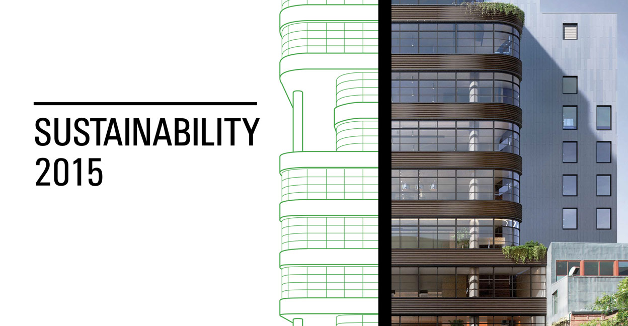 Vornado 2015 Sustainability Report cover. building split into two. left side is a sketch of the building and the right is a photograph