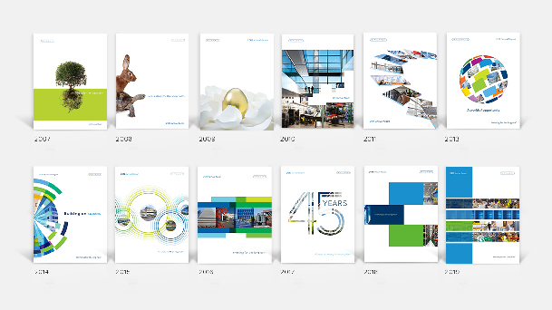 Four horizontal slices of property photos showing an industrial space, office space, office windows and supply chain image with color blocks on top