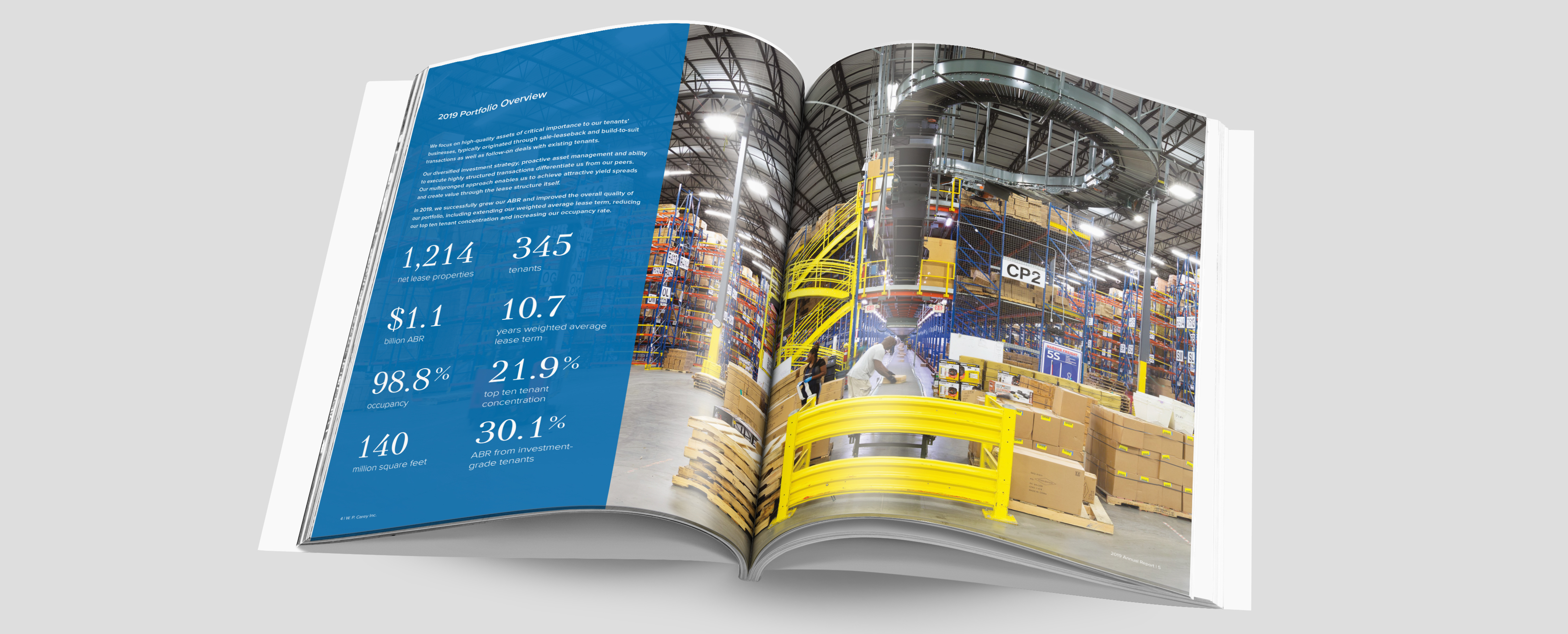 Book spread with large photo of industrial space with large stats on top of blue panel