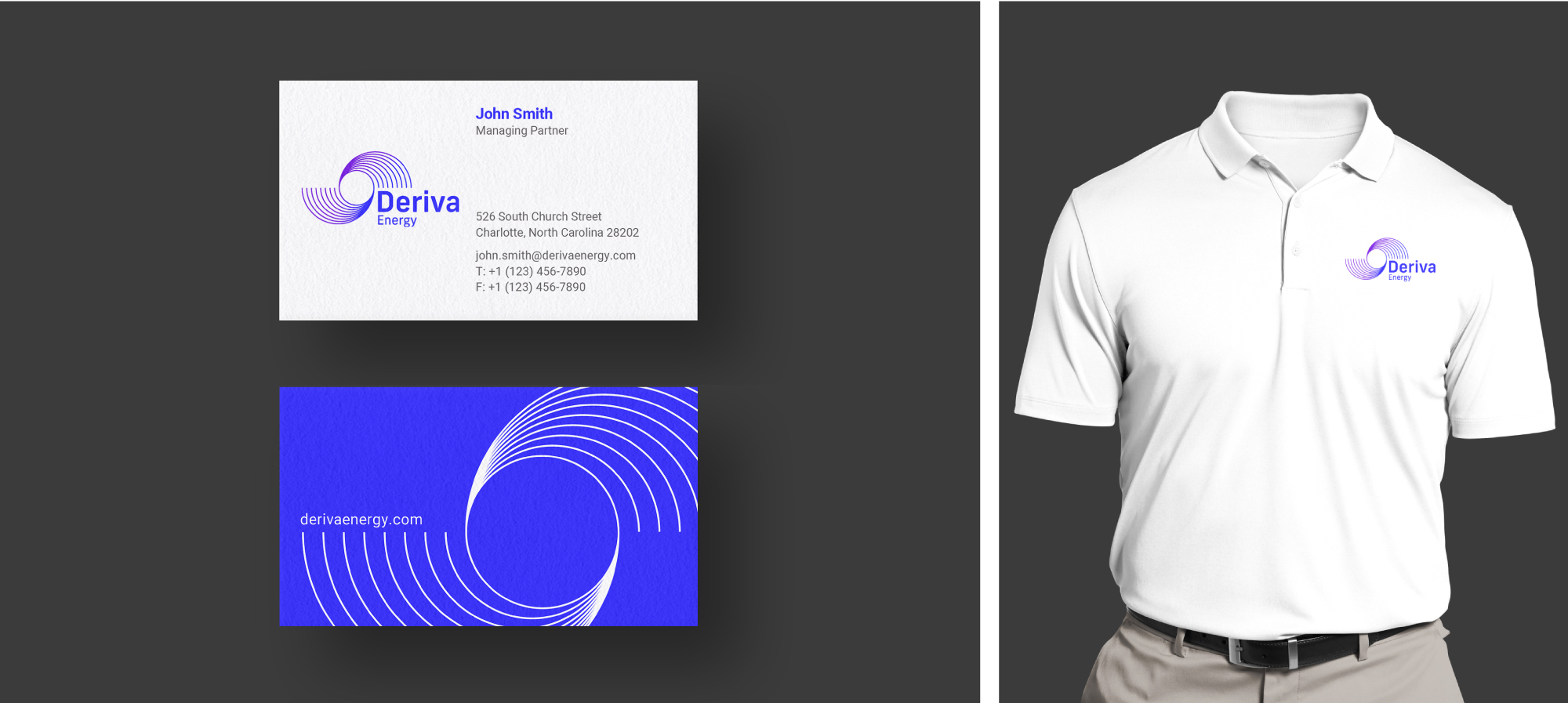 mockup of business card and shirt with deriva logo
