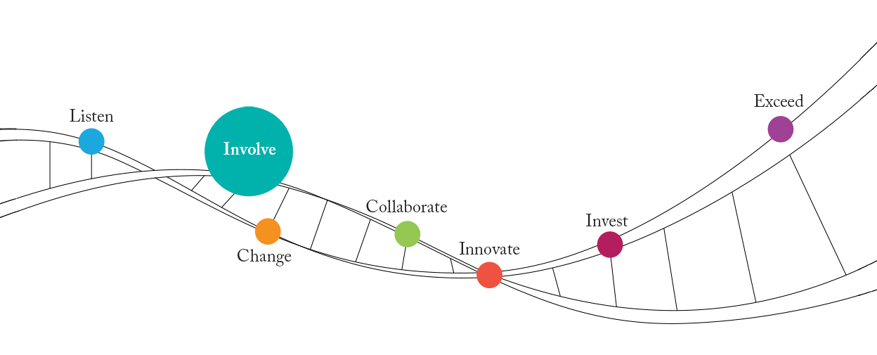 colorful circles with text at different points of a DNA-like structure. The circle labelled Involve is selected