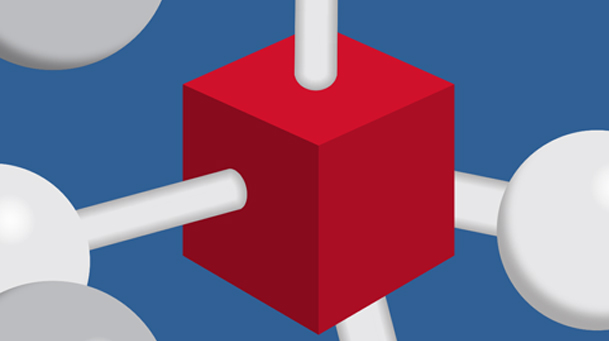 molecule-like graphics with a red cubed center
