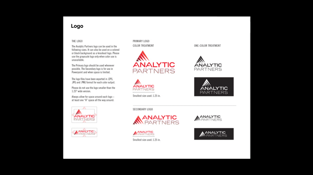 Animation showing several pages of brand guidelines on a black background
