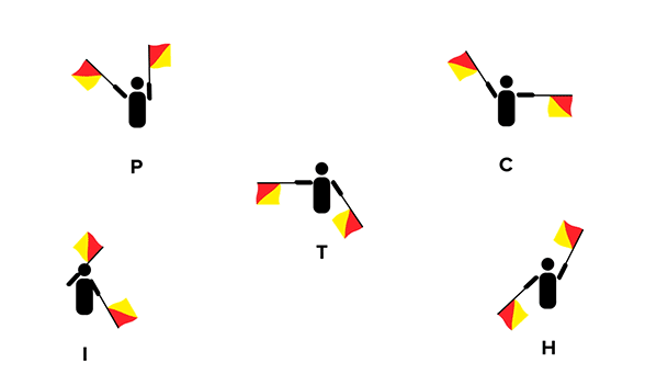 Animation of Stick Figures with Boat Signal Flags Spelling out the Word: Pitch
