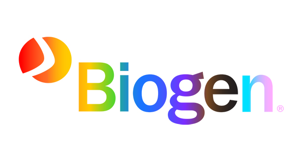 Biogen Pride Logo, Uses a Smooth Gradient Rainbow Fill in the Letterforms