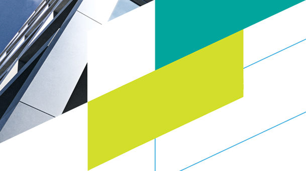 Angled crop of office windows with line green and turquoise parallelogram forms over top