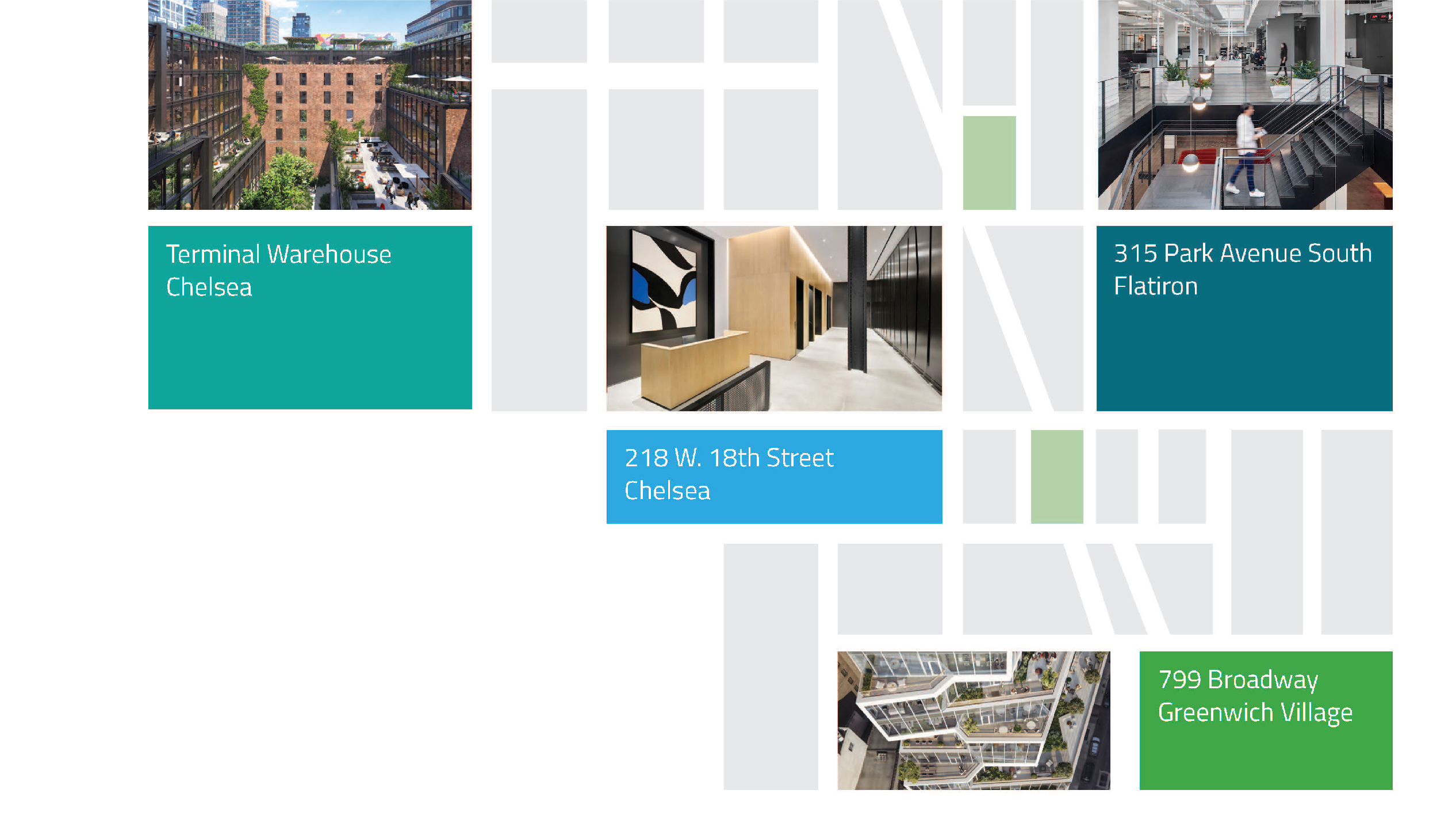 graphic of rectangle making up map of nyc with photo of columbia's properties within them