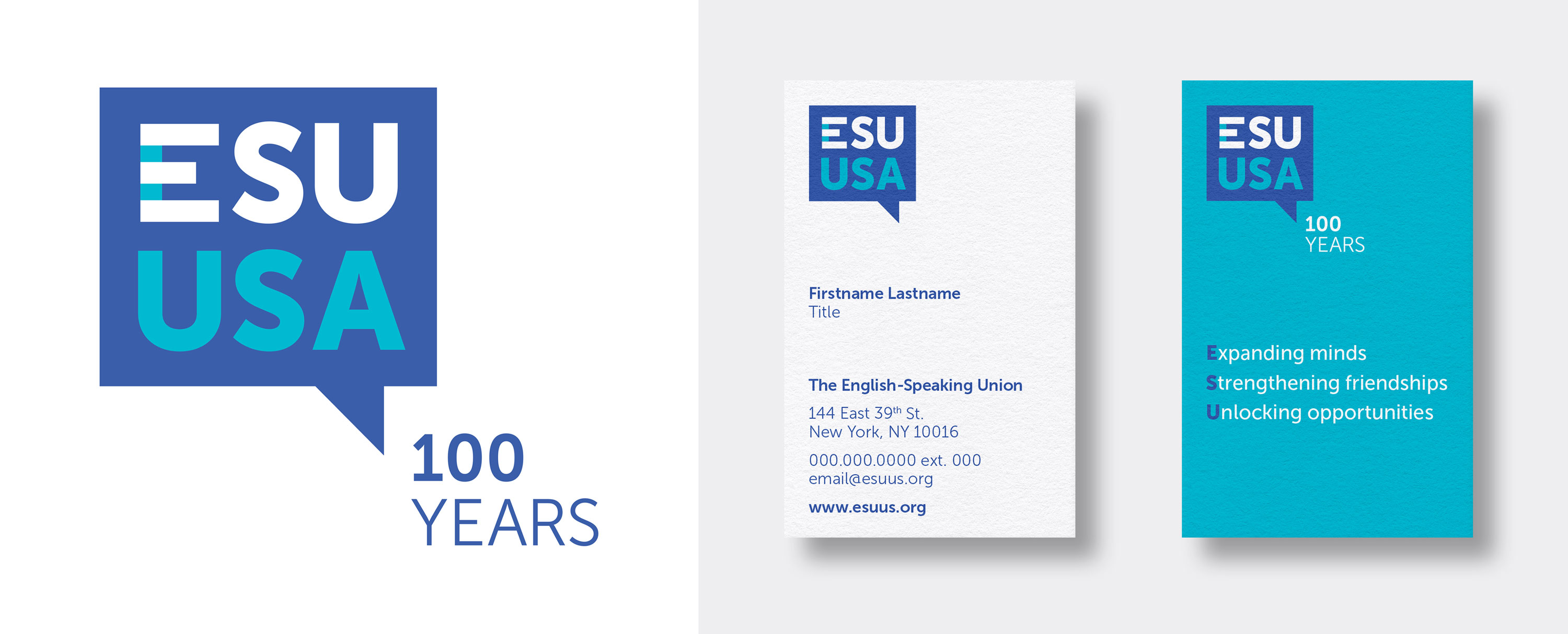 Left Side Shows the Blue and Turquoise ESU Anniversary Logo, Right Side Shows their Business Card