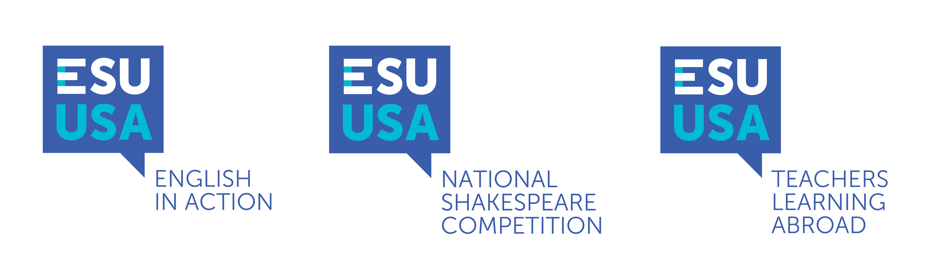 Designs of the ESU Program Logos: English in Action, National Shakespeare Competition and Teachers Learning Abroad 