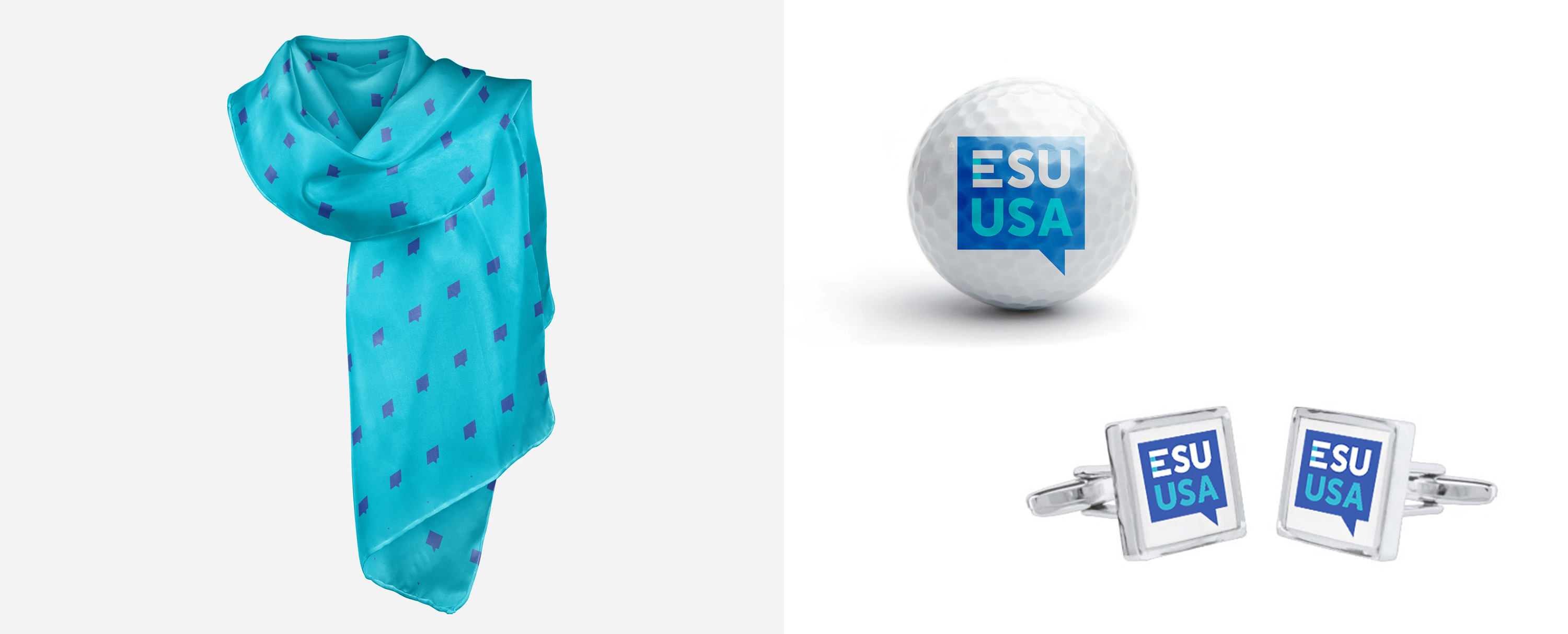 Turquoise Scarf and Speech Bubble Pattern, Golf Ball with Logo, Square Cufflinks with Logo