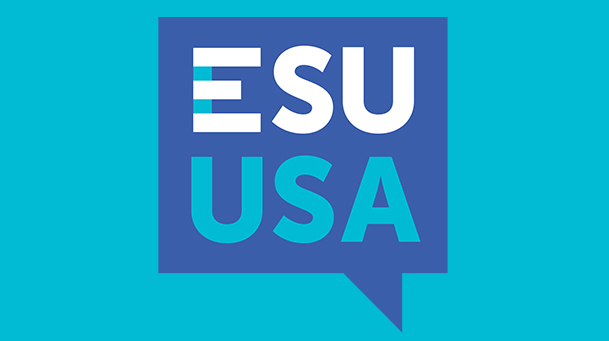 Turquoise Square with Blue Speech Bubble ESU Logo