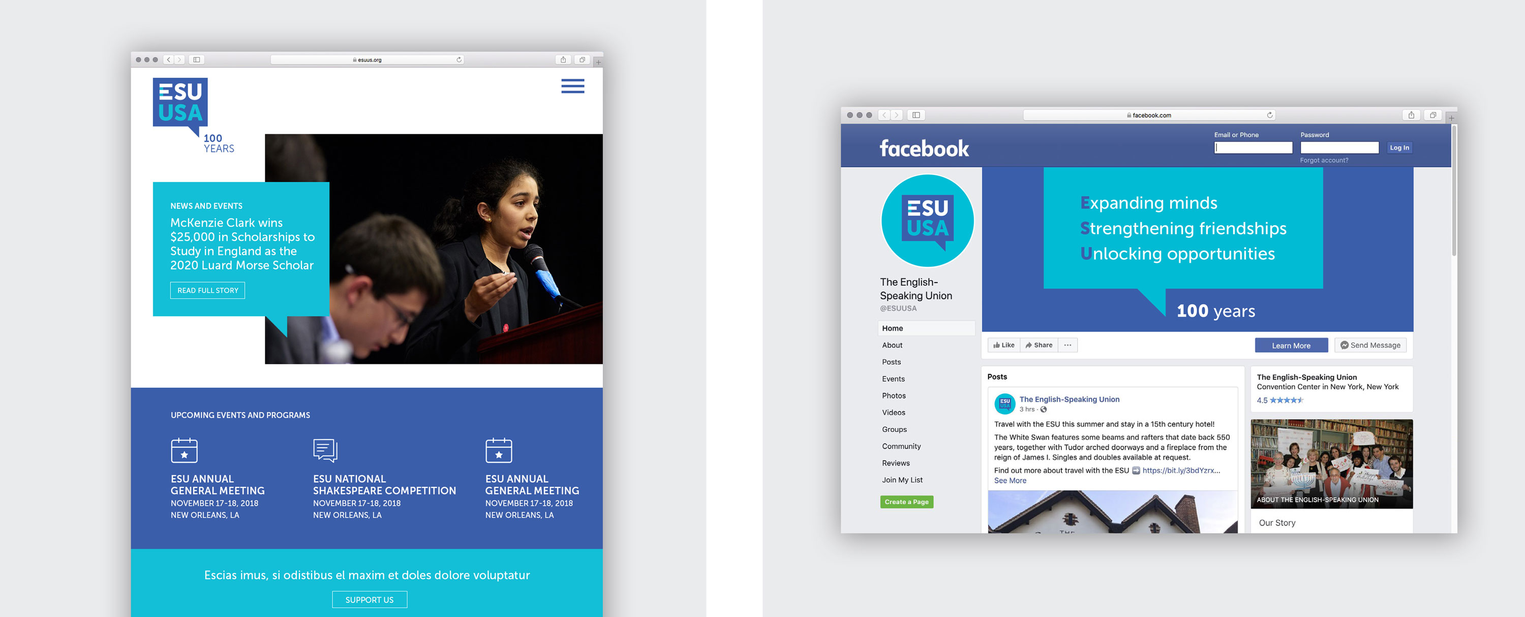 Left Side Shows the ESU Website, the Right Side Shows the Design of the ESU Facebook Banner
