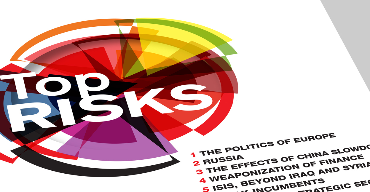 compass-like image made of overlapping colors with the words top risks in big