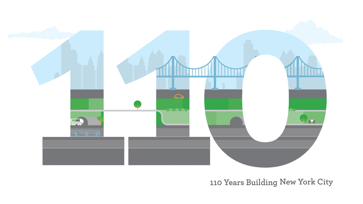 Large 110 number with roads, parks, cars, trains and a bridge illustration inside moving throughout