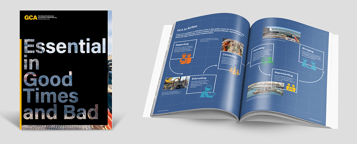 mockup showing GCA report cover and an open spread with an infographic