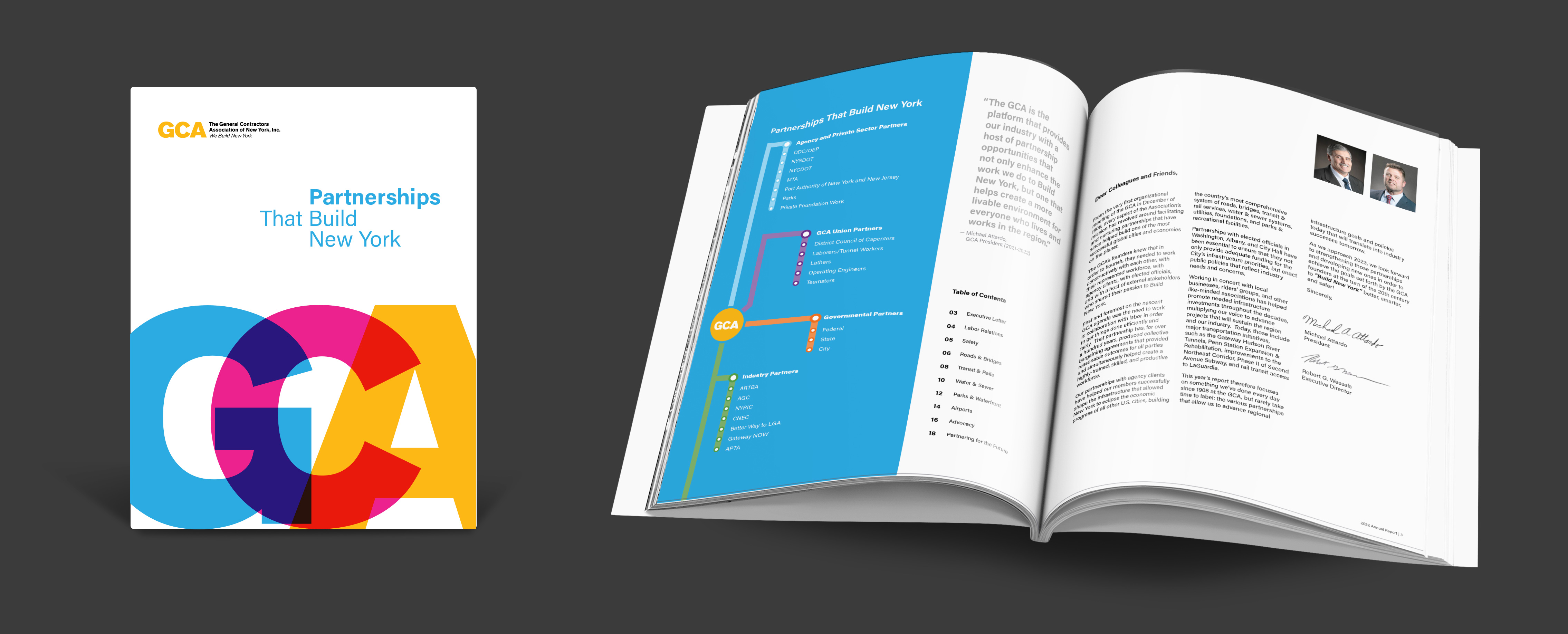 gca 2022 annual report spread of a map, chairman's letter and cover with transparent large GCA letters overlapping