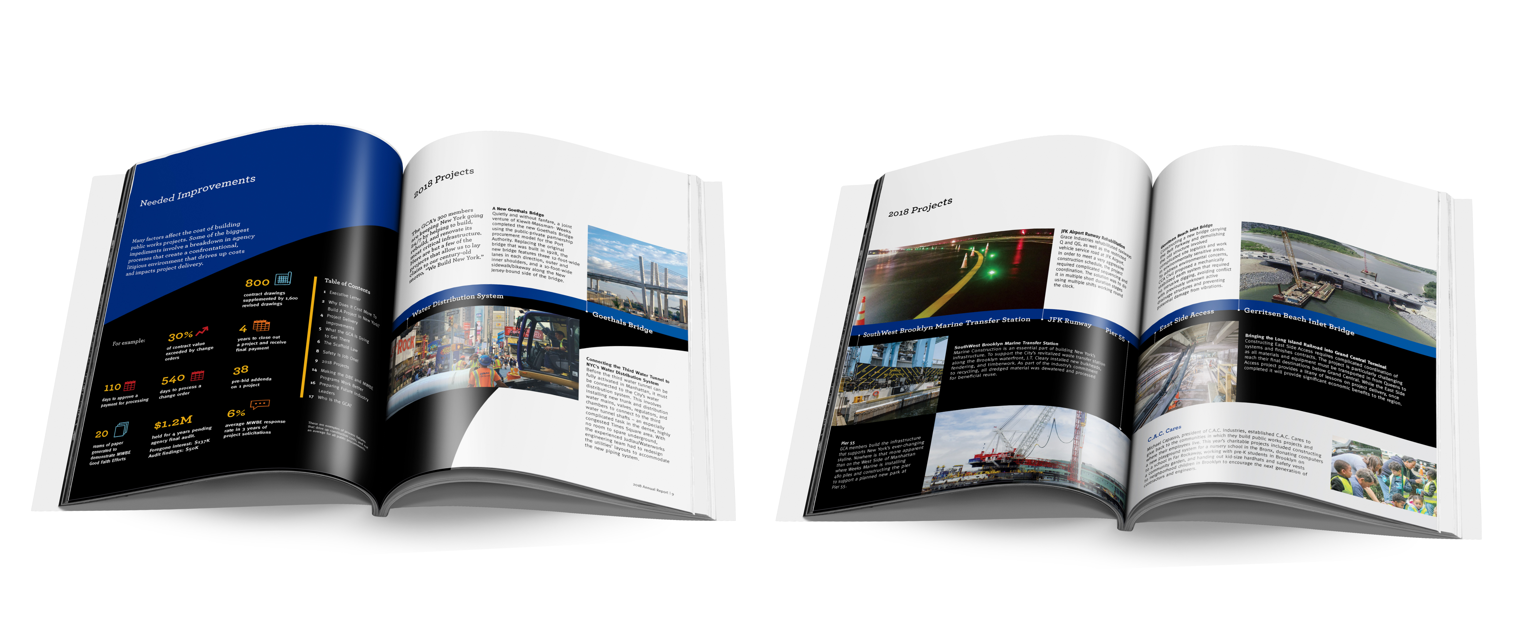 Two report spreads showing large stats and infrastructure case study photos