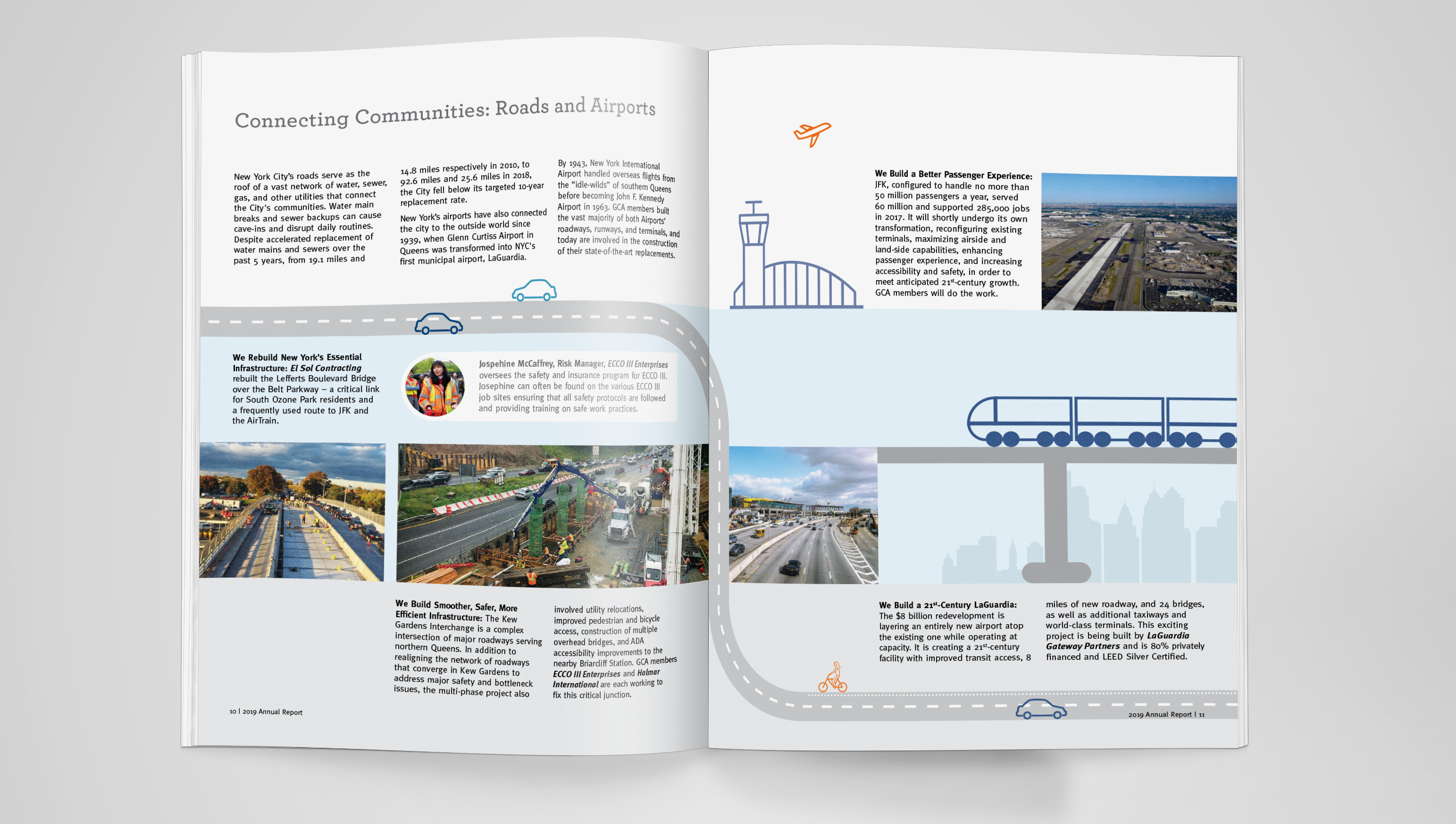 Brochure spread with illustrations of roads, bridges and trains with photos of NYC infrastructure projects