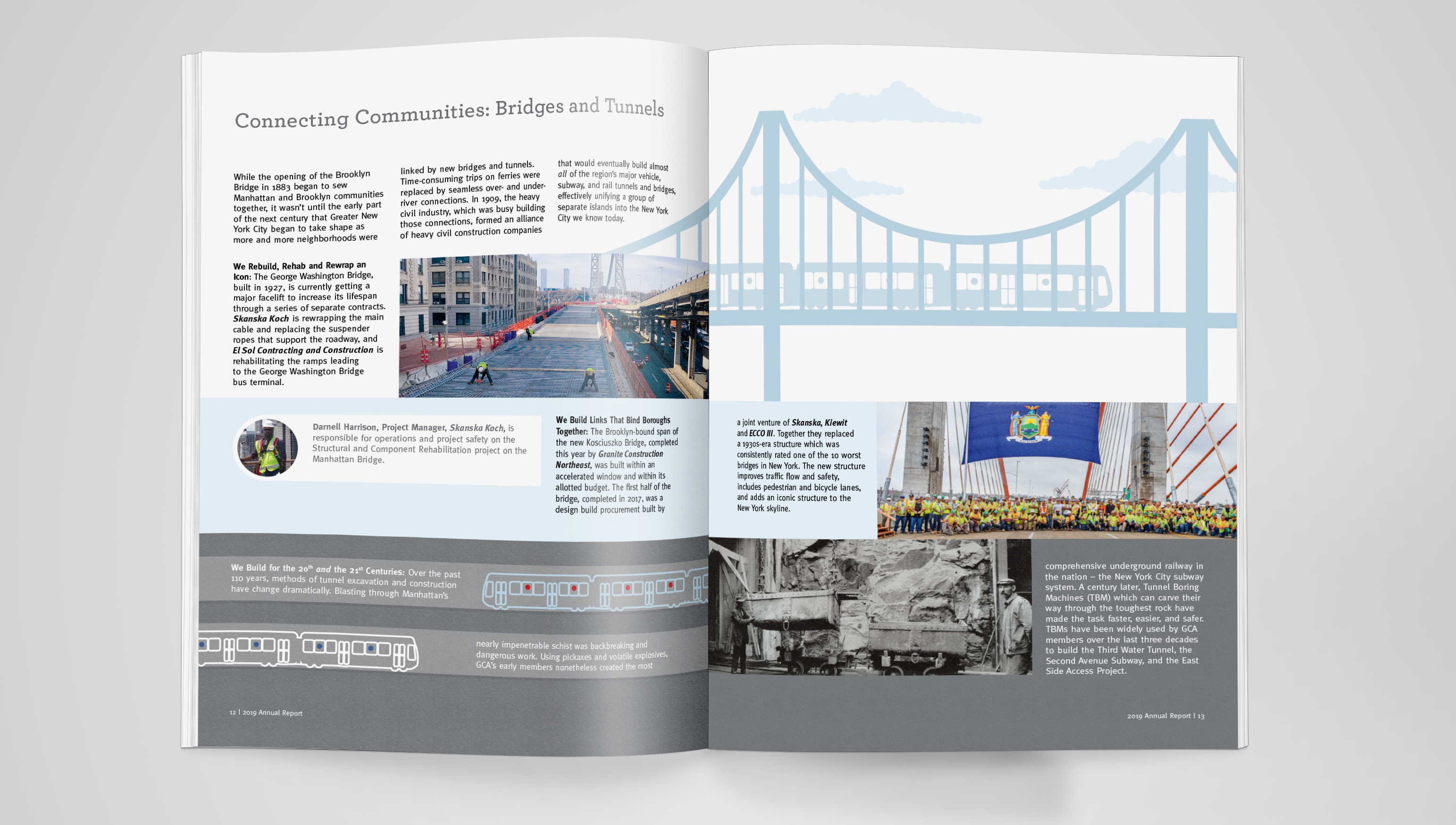 Drawings of subways and bridges with photos of building projects to illustrate a case study