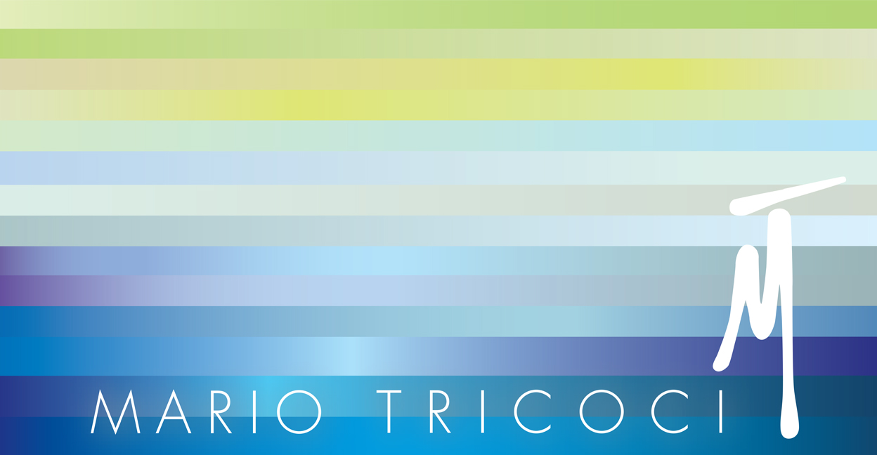 Mario Tricoci logo on top of multicolored stripes with a shine