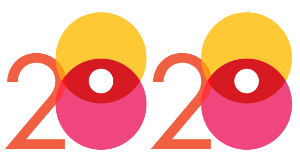 2020 rendered in overlapping yellow, pink and red circles