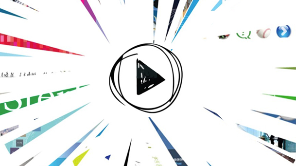 shards of color pointing toward a play button