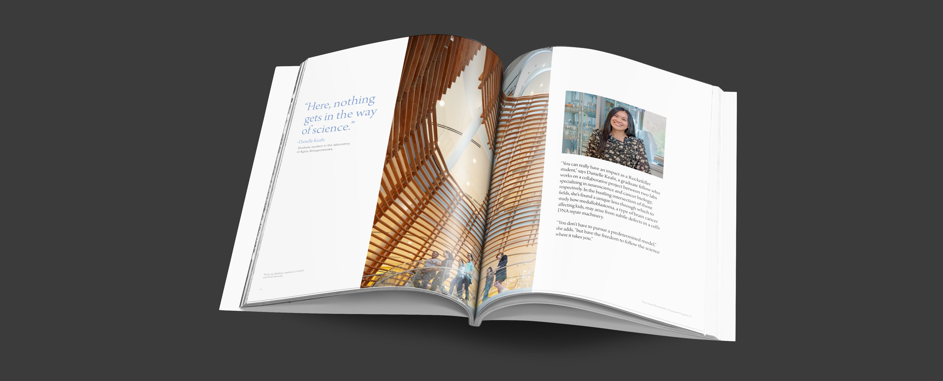 publication spread with image of Rockefeller student