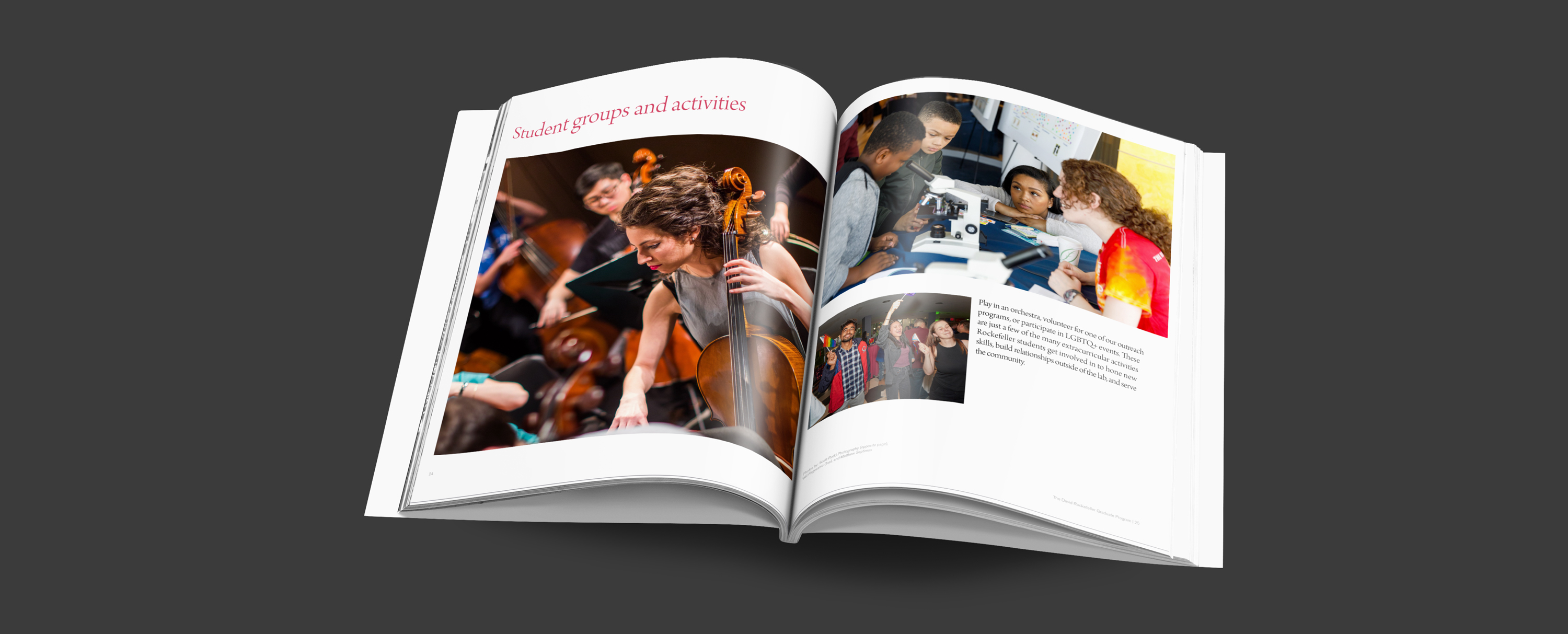 publication spread with images of extracurricular activities on campus
