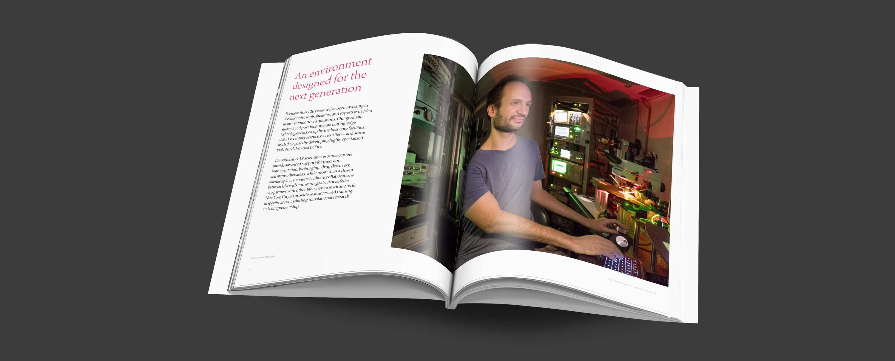 publication spread with image of Rockefeller student using technology