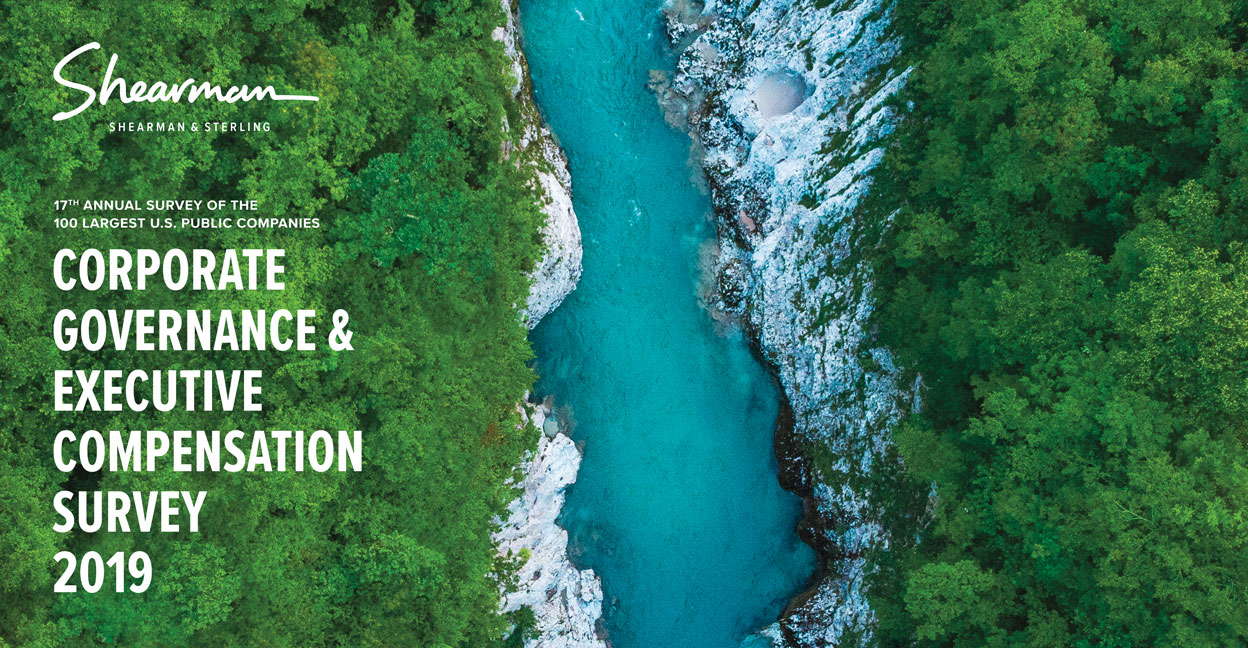 Aerial photo of a turquoise river and forest with the title 'Corporate Governance & Executive Compensation Survey'