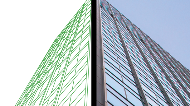 combination image of sketch and a photo of a building split in half