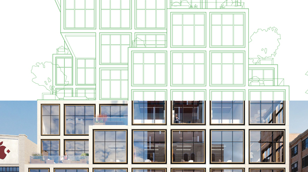 building split into two. one half is a drawing of it and the other half is a photograph