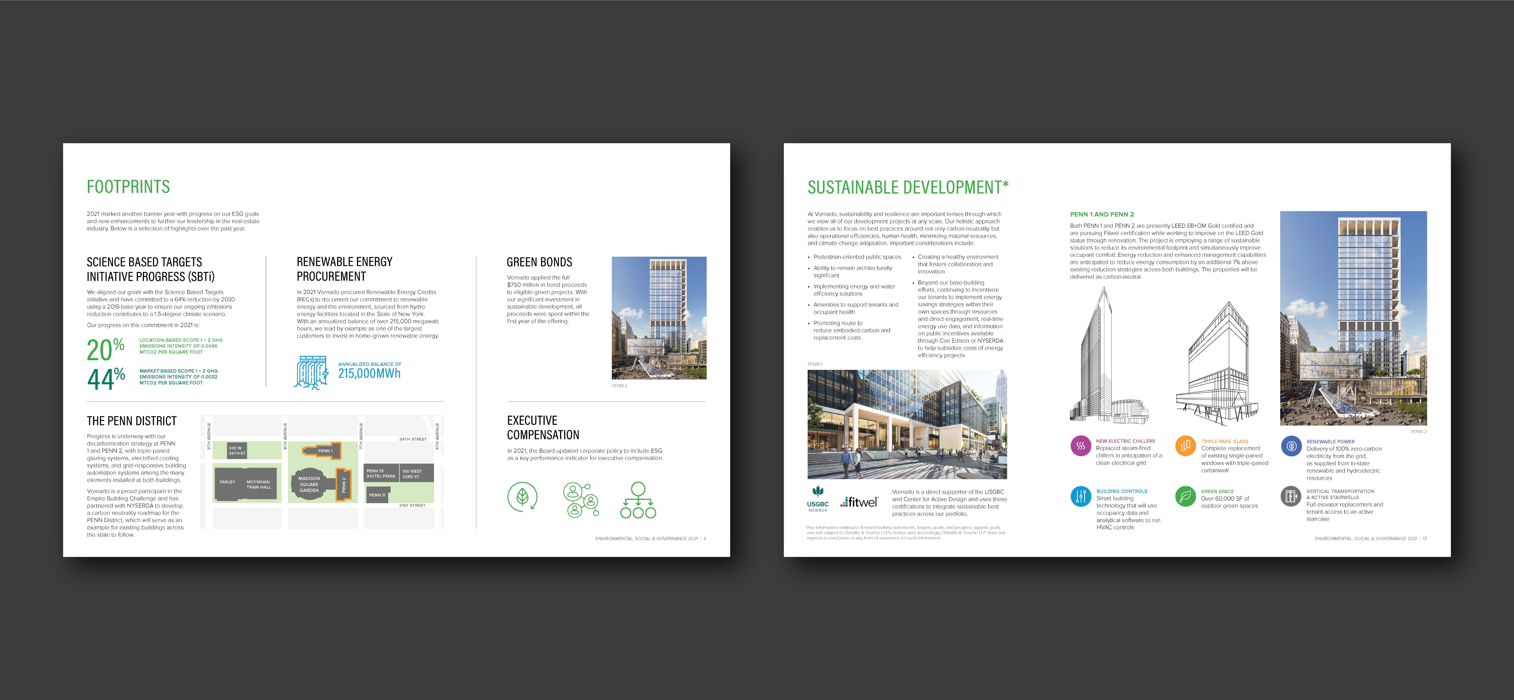 spreads for the Vornado 2021 ESG report featuring the section 